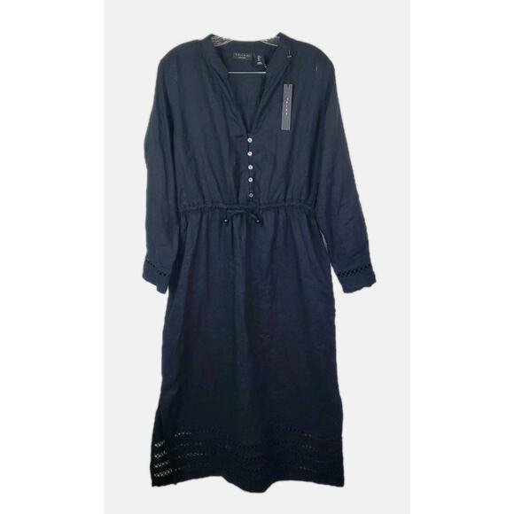 Tahari 100% Linen Black Long Sleeve Maxi Dress Sz Large 1/2 Button Pockets Boho - Picture 1 of 11